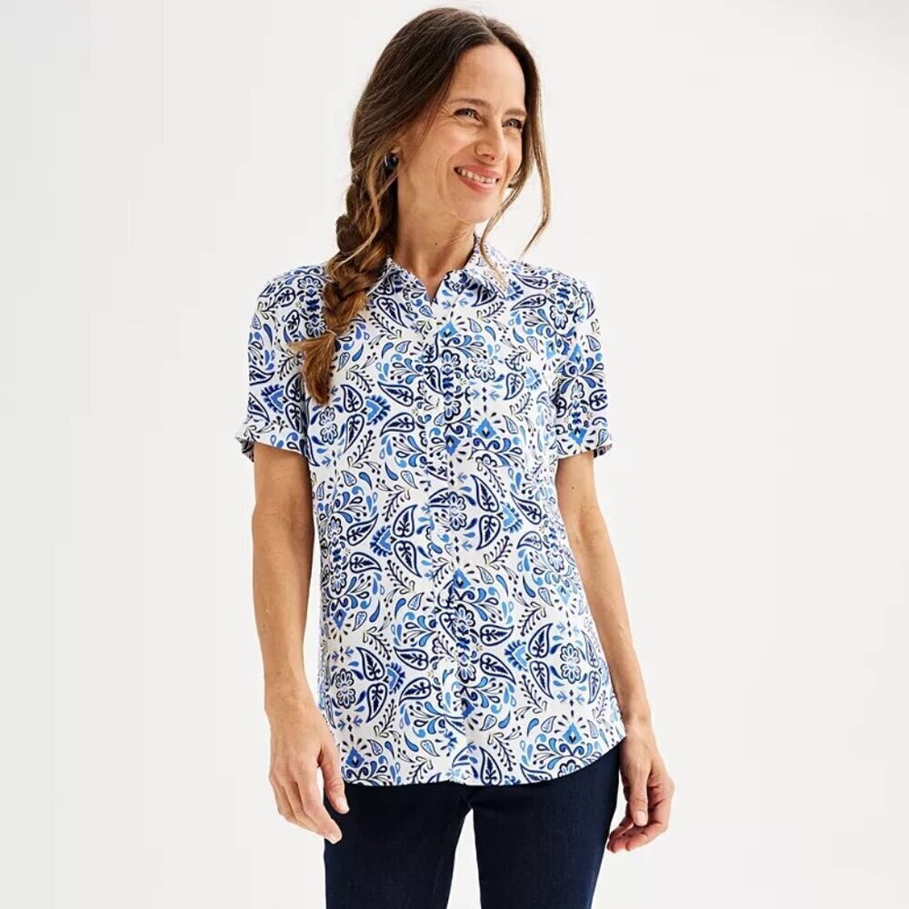 NWT Croft&Barrow Women Short Sleeve Button Down Collared Floral Top Extra Large